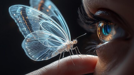 A delicate, translucent butterfly rests on a fingertip, its wings shimmering with ethereal light, near a person's eye.