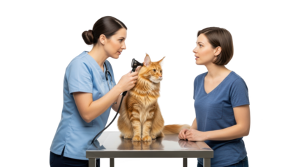 Cat Examined by Veterinarian and Owner creative illustration featuring table, furry, assistance, concerned, domestic, fluffy