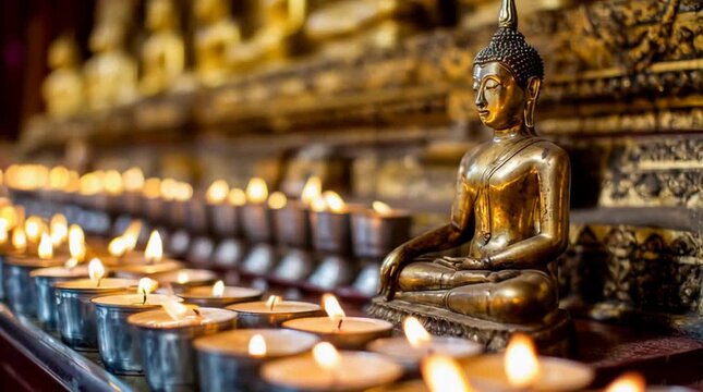 Serene Golden Buddha Statue with Rows of Flickering Prayer Candles.