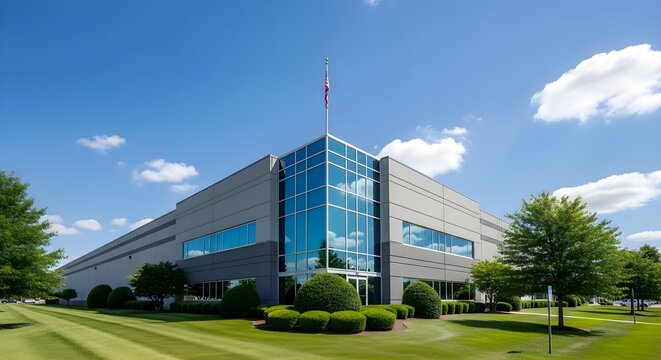 Modern corporate building with reflective glass facade and manicured lawns under a clear blue sky, showcasing robust business operations and infrastructure
