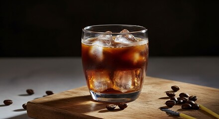 Iced Black Coffee in Glass with Ice Cubes on Wooden Board – Realistic Beverage Photography