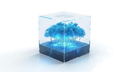 A surreal digital art piece depicting a glowing blue forest contained within a transparent cube.