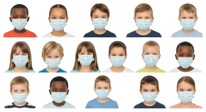 Children Wearing Protective Masks creative illustration featuring safe practices, disposable masks, hygiene, health, pandemic,