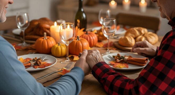Mature couple holding hands in gratitude at a warm, inviting Thanksgiving dinner table adorned with autumn decorations, celebrating togetherness and holiday traditions