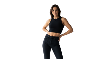 Confident Woman Posing in Black Outfit creative illustration featuring person, beauty, healthy, studio, woman, elegant