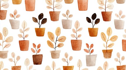 A whimsical pattern of potted plants in warm hues, showcasing various leaf shapes against a light background.