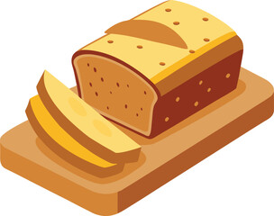 Vector art of a loaf of sliced bread on a wooden cutting board, showcasing the golden crust and soft interior