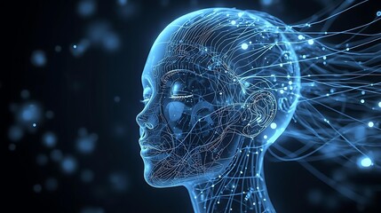 A futuristic digital representation of a human head with glowing blue neural pathways and data streams emanating from it.
