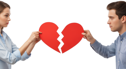 Couple Holding Broken Red Heart Symbolizing Relationship Problems creative illustration featuring sorrow, torn, unhappy, broken, young, split