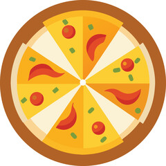 Vector art of delicious pizza with pepperoni, tomato, and green onion toppings, cut into eight slices, served on a plate