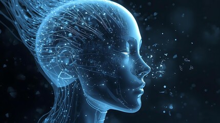 A glowing blue ethereal human head dissolving into particles against a dark background, representing consciousness or data.