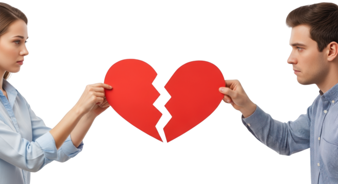 Couple Holding Broken Red Heart Symbolizing Relationship Problems creative illustration featuring sorrow, torn, unhappy, broken, young, split