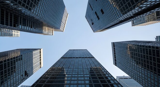 Soaring urban architecture A low-angle view of modern glass skyscrapers reaching into a clear blue sky, reflecting corporate growth and metropolitan ambition