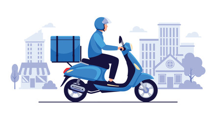 A delivery person rides a blue scooter through a city landscape.