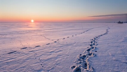 Footprints in the snow lead to a serene winter sunset over frozen water