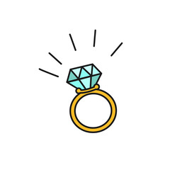 Ring with a precious stone It shines. Isolated on a white background, Vector graphics, doodle style.
