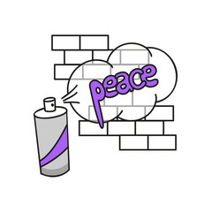 A spray can of paint is writing "peace" on a brick wall. It is isolated on a white background, vector graphics, and doodle style.