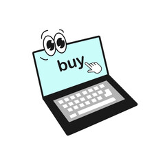 Open laptop with a face and a cursor. Isolated on a white background, vector graphics, doodle style.