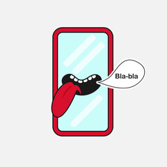 A red mobile phone with a mouth and tongue says Bla-bla. Vector graphics, isolated on a white background.