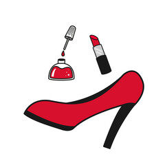 shSet of red high-heeled shoes, red nail polish, and red lipstick. Isolated on a white background, doodle style, vector graphics.