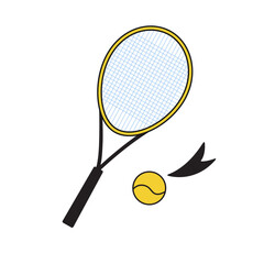 Tennis racket and a flying ball. Isolated on a white background. Vector graphics.