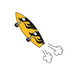 Skateboard in flight, bottom view. Isolated on a white background, vector graphics, doodle style.