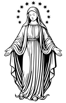 Our Lady of Grace line art with star crown and open hands. Virgin Mary miraculous medal pose in flowing robes. 