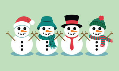 Four Cute Snowmen in Hats and Scarves., Group of Cartoon Snowmen, Holiday Snowman Characters, Cheerful Winter Snowmen Illustration, vector, illustration