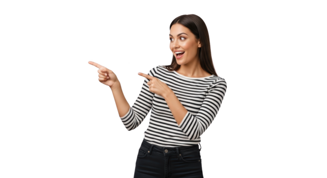 Excited Woman Pointing and Looking Away creative illustration featuring young, excited, face, happy, shirt, surprise design concept for