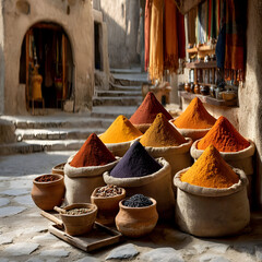 Explore vibrant spices in ancient marketplace, evoking rich culinary traditions and exotic travel adventures with warm colors and textures in old world setting