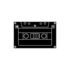 Black fill cassette tape vector illustration, minimal retro audio icon inspired by 90s music culture and vintage design elements.