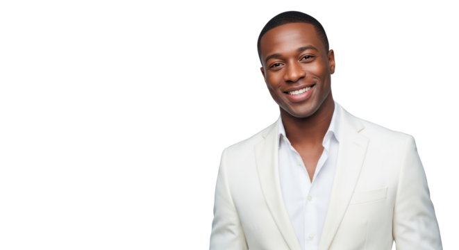 Happy Man in a White Suit creative illustration featuring smiling, smile, white, dapper, studio, black design