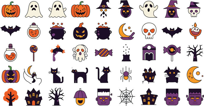 Collection of cute and spooky halloween icons and symbols including pumpkins ghosts bats and witches hats isolated on transparent background