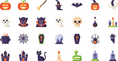 Collection of halloween icons and symbols including pumpkins bats ghosts skulls and spiders isolated on transparent background