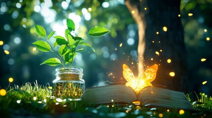 Magical Butterfly Emerging from Open Book with Plant in Jar.