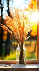 Golden Pampas Grass in Glass Jar on Windowsill