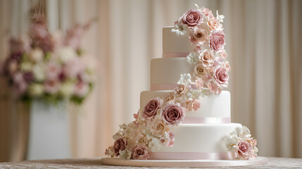 White tiered wedding cake with cascading pink flowers