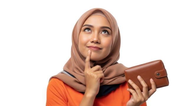 Muslim Woman Thinking Holding Wallet Budget Planning creative illustration featuring isolated, fashion, pensive, faith, money, muslim design concept