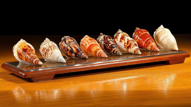 Collection of Exotic Seashells on Wooden Display