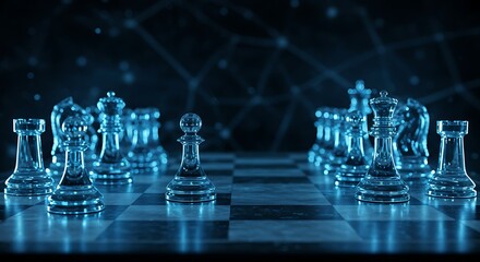 Chess pieces arrangement on a chessboard, digital rendering with network lines in the background