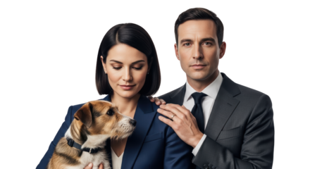 Professional Couple Holding Adorable Dog creative illustration featuring animal, man, together, hope, loyalty, trust design concept