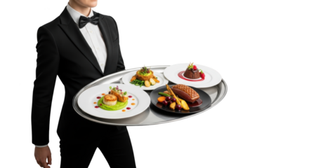 Professional waiter holding a silver tray with gourmet dishes creative illustration featuring course, duck,