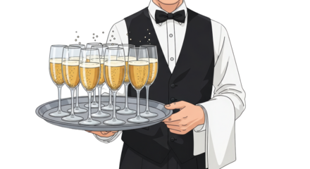 Professional waiter holding a tray with glasses of champagne creative illustration featuring glasses, anniversary, drink, offering, formal, man