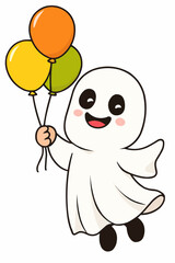 Vector of child in ghost costume floating with balloons and smiling expression