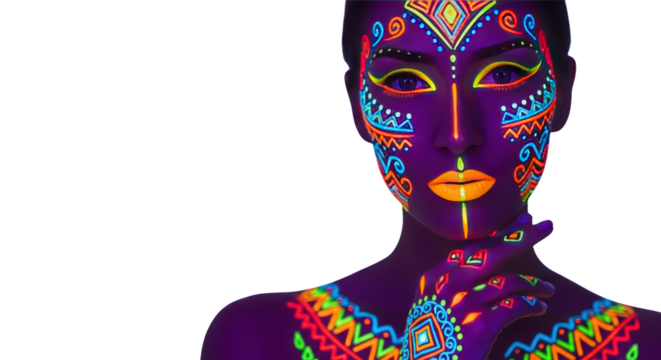 Psychedelic Tribal Portrait with Neon UV Body Art creative illustration featuring green, beauty, yellow, face,