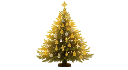 Golden Christmas Tree With Warm Lights and Ornaments on Transparent Background
