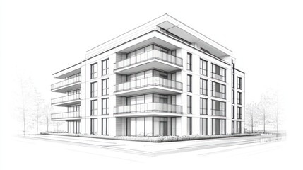 Building sketch, modern apartments, corner lot, trees blurred, real estate potential