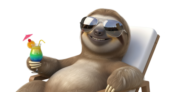 Relaxed Sloth Enjoying Tropical Cocktail creative illustration featuring tropical, vacation, party, comical, illustration, white design concept - Powered by Adobe