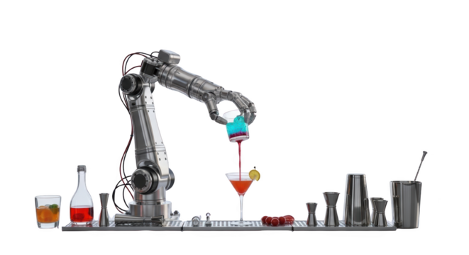 Robotic Bartender Preparing Cocktails creative illustration featuring technology, modern technology, futuristic, robot, cocktail shaker, isolated design
