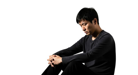 Sad Asian Man Looking Down creative illustration featuring black shirt, contemplation, human, studio, person, thoughtful design